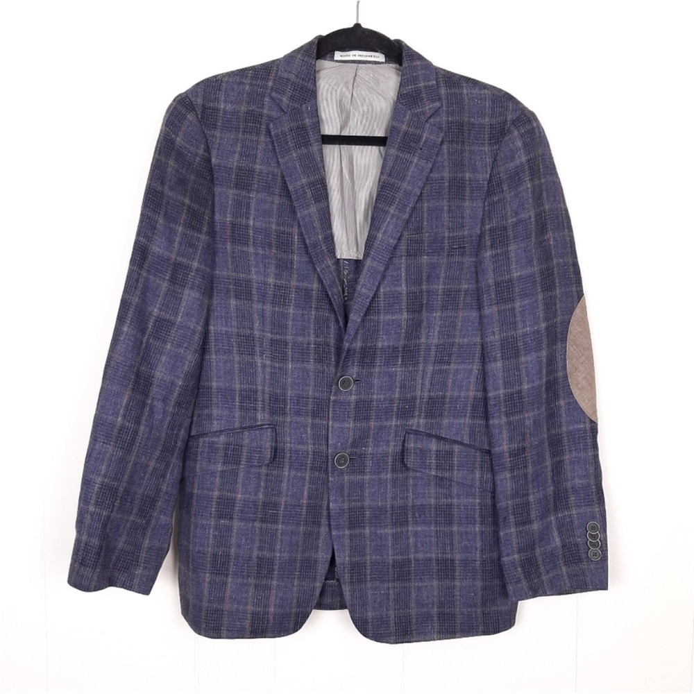 Joseph Abboud slim fit 100% linen elbow patch sport coat blazer plaid summer 36S